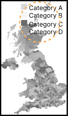 Choropleth map of the UK. A legend with large readable labels is shown in the top right, but it overlaps the map and hides parts of it.