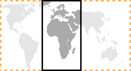 Map of the world. A small part of it is visible in a portrait format rectangle representing e.g. a phone screen, the rest of the map is off-screen and this is highlighted by an orange outline.