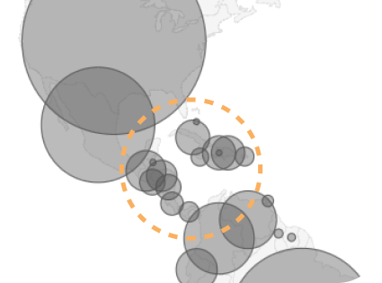 Proportional circle map showing the Americas. An orange circle highlights an area where circles are overlapping heavily.