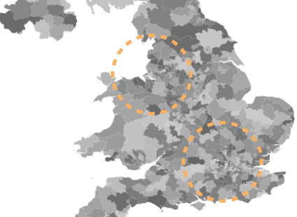 Excerpt of a choropleth map of the UK. Two orange circles highlight areas with very small spatial units that are difficult to see.