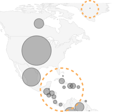 Proportional circle map showing the Americas. Two orange circles highlight some very small circles that are difficult to see.