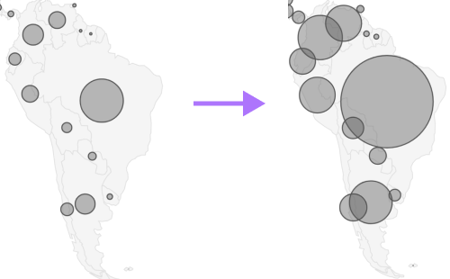 Two proportional circle maps side-by-side. The left one has relatively small circles where some of them are hard to see. On the right, all circles have been scaled up and are easier to see.