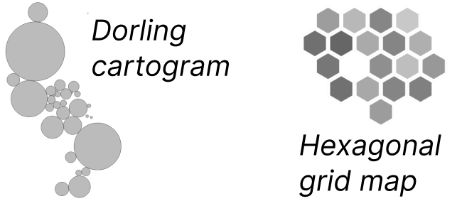 Left: a Dorling cartogram, in which circles are arranged geographically and scaled to represent data points about individual countries. Right: An excerpt of a hexagonal grid map.