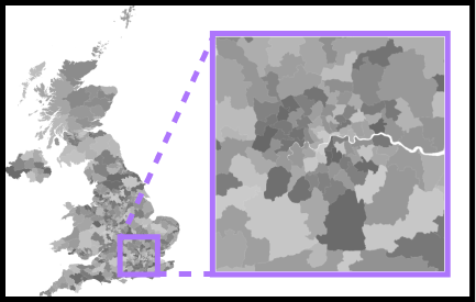 A small map of the UK. To its right, a cutout that is zoomed into London is shown.