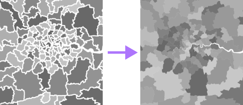 Two choropleth map excerpts side-by-side. The left has white outlines for each spatial unit. On the right, the outlines have been removed, making smaller regions more easily readable.