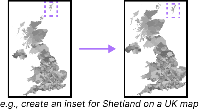 Two maps of the UK side-by-side. On the right, Shetland, which is far in the North East of Scotland, i.e. top right corner of the map, has been moved into an inset box beside Scotland. This allows the map to be larger than the map with Shetland in its true position.