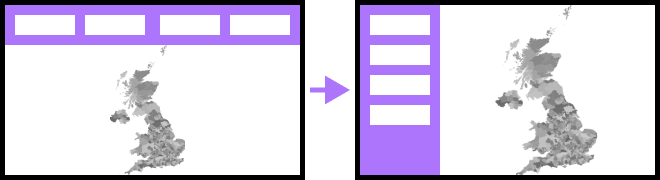 Two wireframes side-by-side. On the left, a sidebar on the top with a small map below it. On the right, the sidebar is on the left and the map is slightly larger to its right.