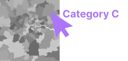 An excerpt of a choropleth map with an oversized, symbolic mouse pointer shown on top. The pointer is labelled Category C.