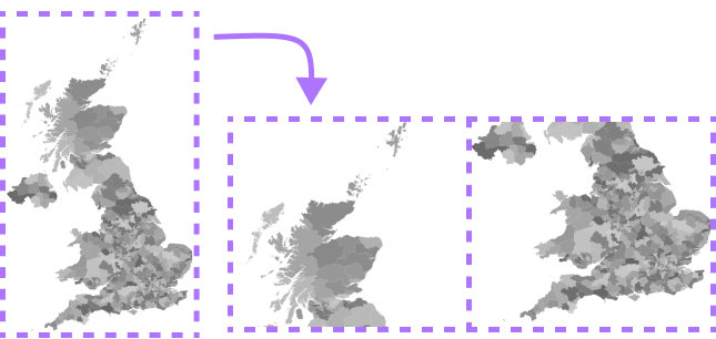 A UK map. To its right, the same map is shown separated into two rectangular sections, created by slicing the map into a top and bottom half.